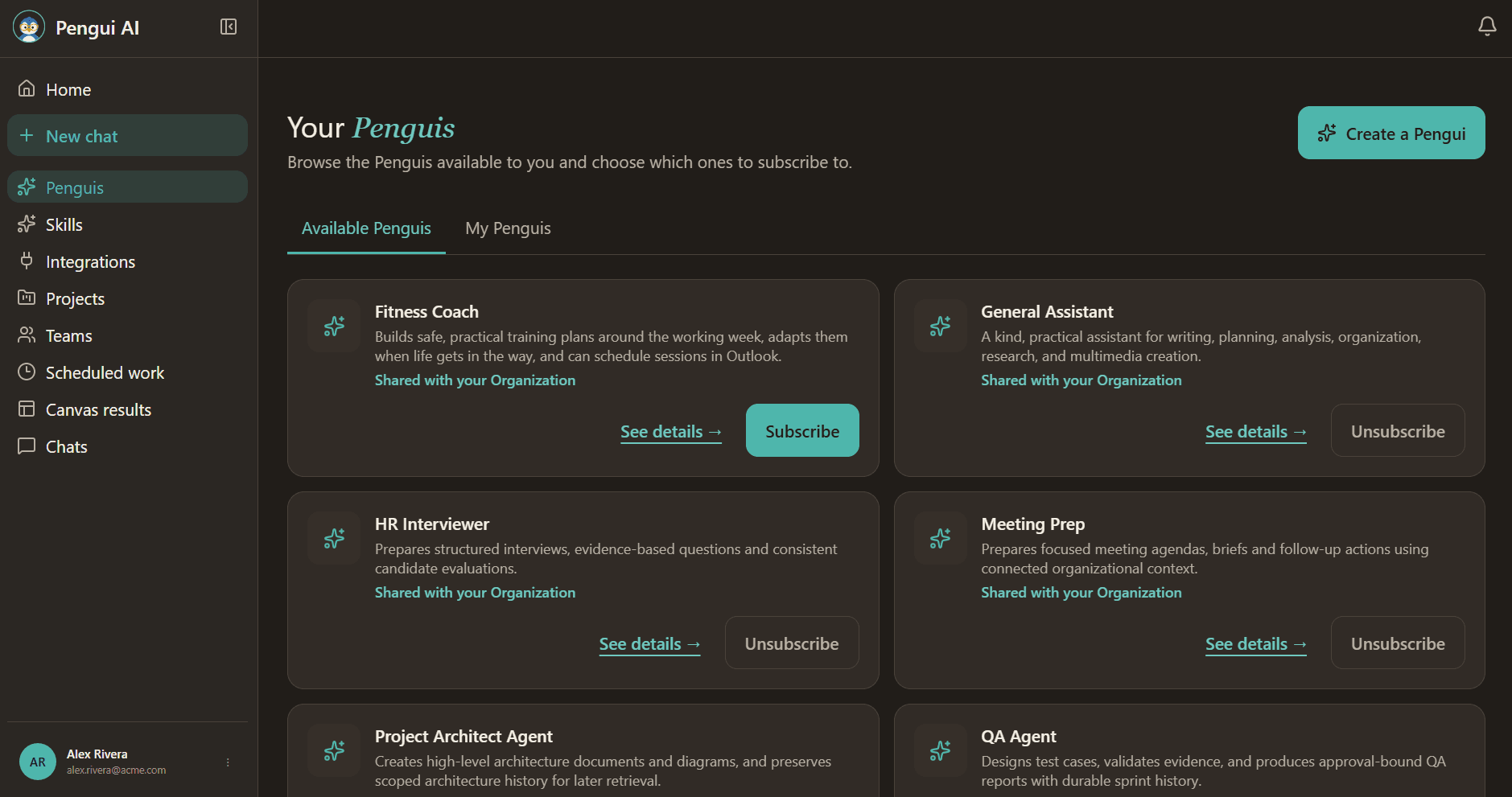 Your Penguis — browse and subscribe to agents